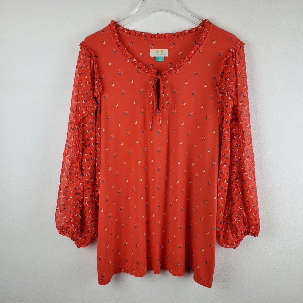 Maeve top orange print peasant style ruffled sleeves women's 1X anthropologie